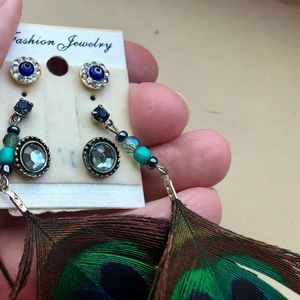 3 pair pierced earrings, evil eye, feather, crystal